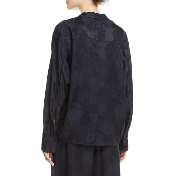 Vince Floral Jacquard Popover Top Oversized Floral Damask Blouse Navy Blue Sz M - Picture 2 of 11